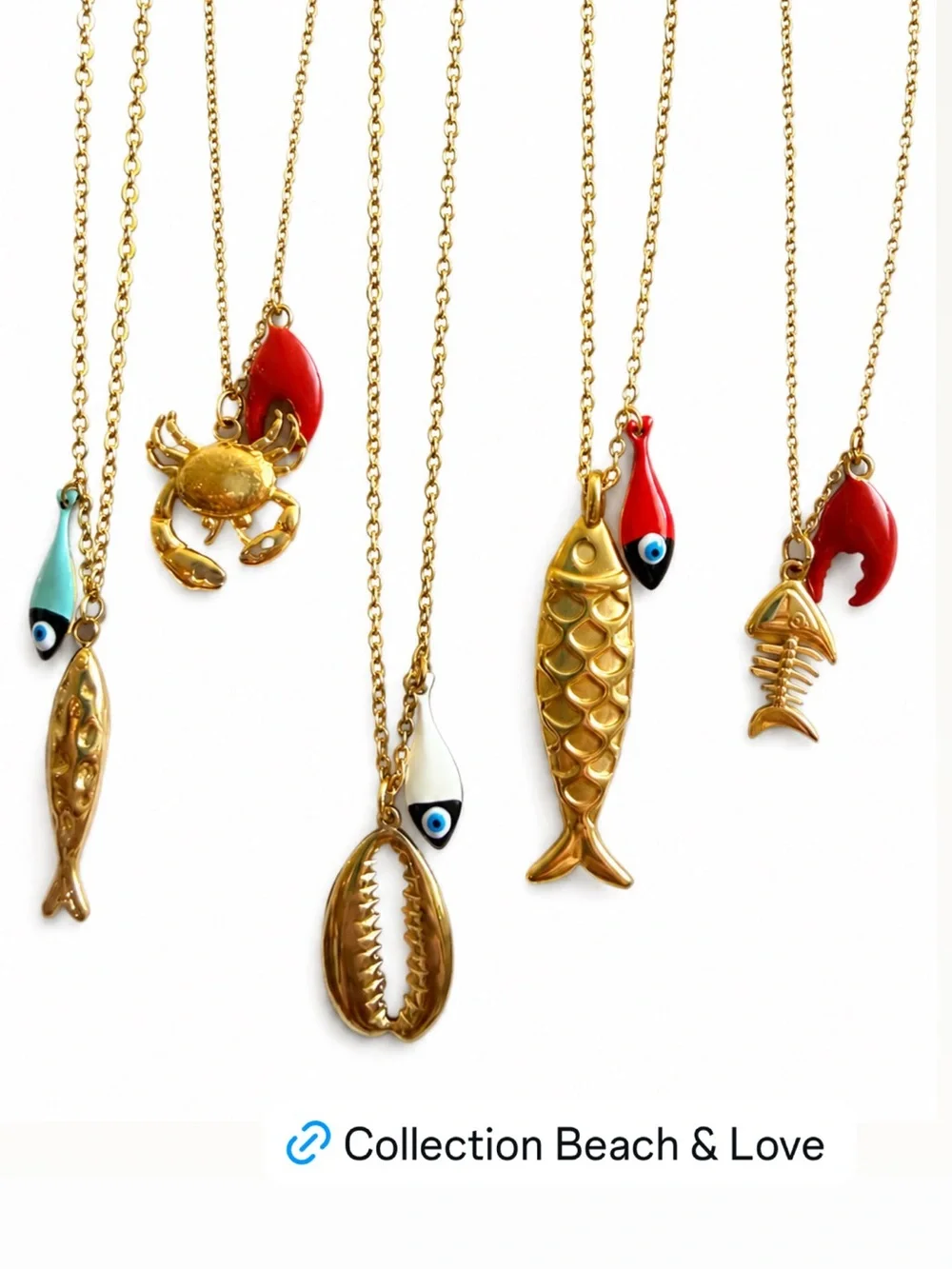 Beach & Love Gold Fish Pendant Necklace - Red & White Accents